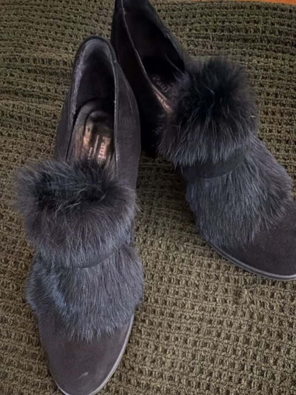 Paui Made in Italy Black Suede Block Heel Shoes with Fur Detail